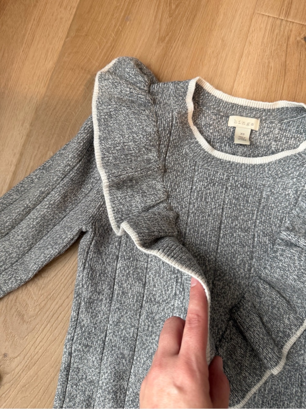 hinge Gray Ribbed Long Sleeve Ruffle-Trim Sweater - Picture 3 of 7
